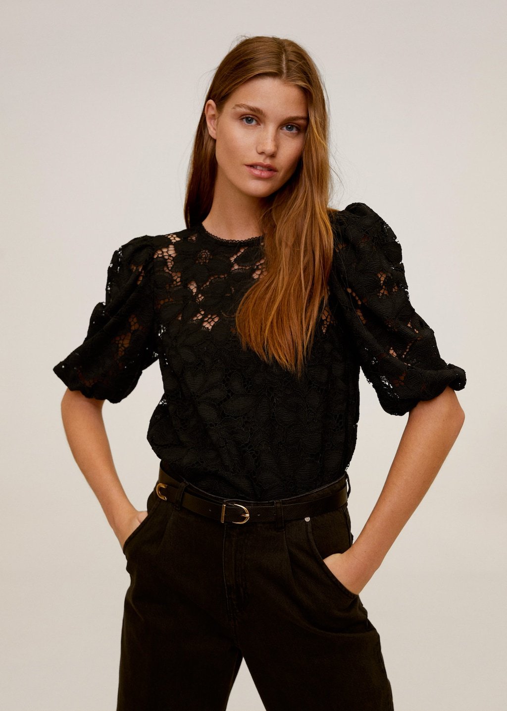 Puffed sleeves lace blouse